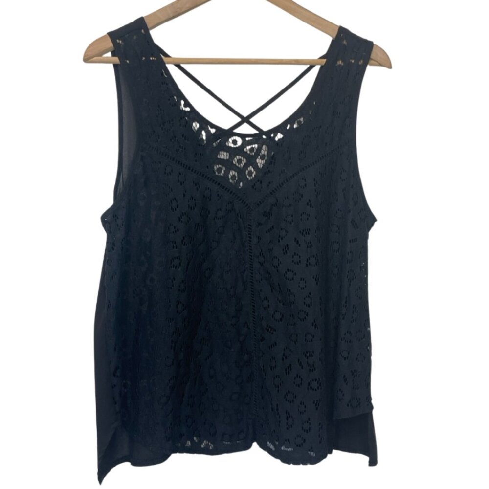 LUSH | Women's Black Lace Cropped Semi-Sheer Cotton Blend Tank Top| Size L